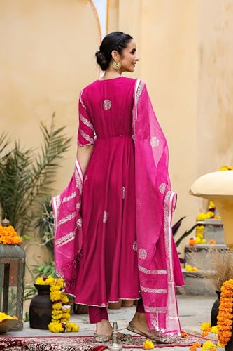 ANNI DESIGNER Womens Rayon Blend Anarkali Printed Kurta with Pant & Dupatta (Berlin Pink_S_Pink_Small)
