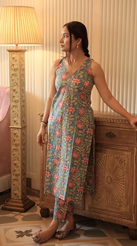 ANNI DESIGNER Womens Rayon Viscose Straight Printed Kurta with Pant (Hathiram Green_XXL_Green_XX-Large)