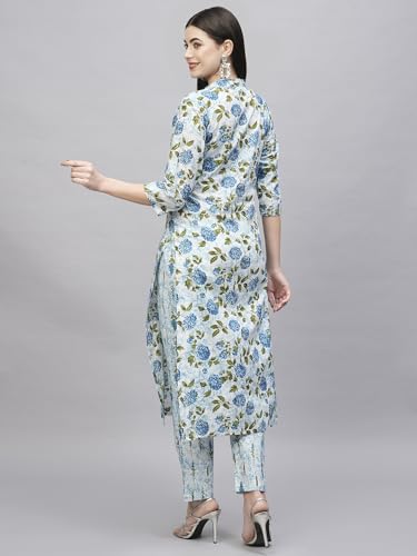 ANNI DESIGNER Womens Cotton Blend Straight Printed Kurta with Pant (Dafiya Blue_L_Blue_Large)