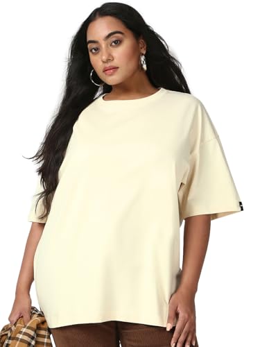 Bewakoof Womens Solid Oversized Fit Half Sleeve Round Neck Cotton Jersey Plus Size T-Shirt_659438_Beige_4XL