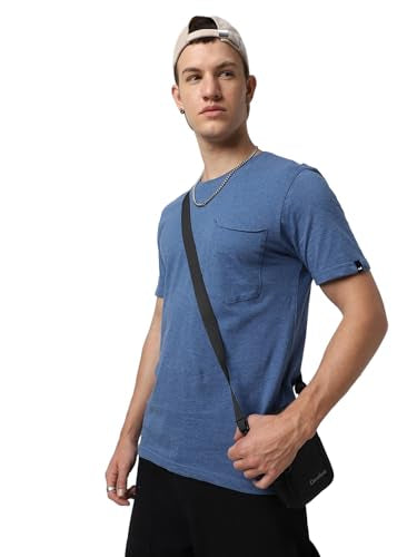 Bewakoof Mens Solid Regular Fit Half Sleeve Round Neck Cotton Melange Plus Size T-Shirt_617081_Blue_6XL