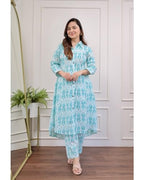ANNI DESIGNER Womens Cotton Blend Anarkali Printed Kurta with Pant (DIPU Sky_L_Sky Blue_Large)