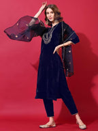 Sanisa Womens Velvet Embroidery Straight Kurta Set with Dupatta