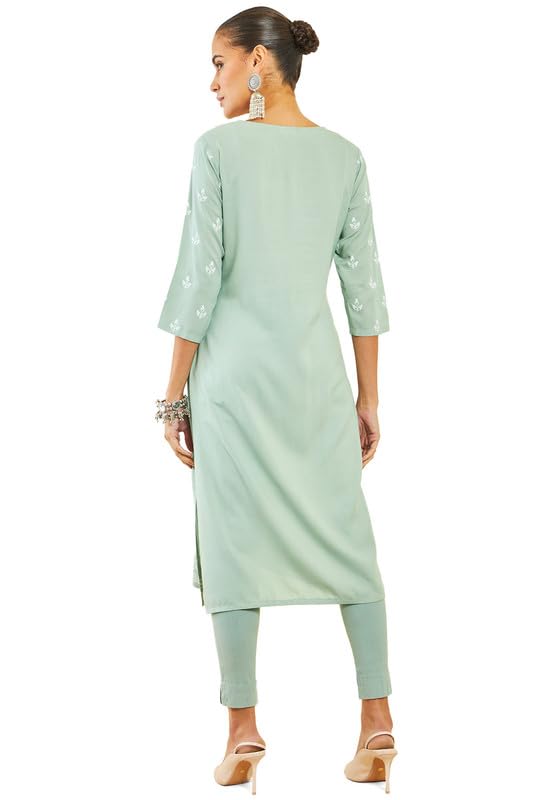 Soch Womens Sap Green Rayon Kurta With Ethnic Print