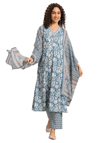 Blue Floral Printed Anarkali Kurta With Trouser And Floral Dupatta