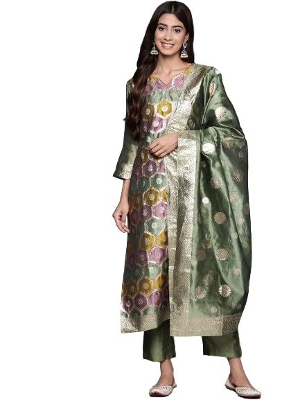 Varanga Women Green Geometric Woven Texture Straight Kurta Paired With Tonal Bottom And Dupatta