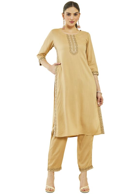 Soch Womens Beige Rayon Slub Embroidered Kurta Sets With Pocket