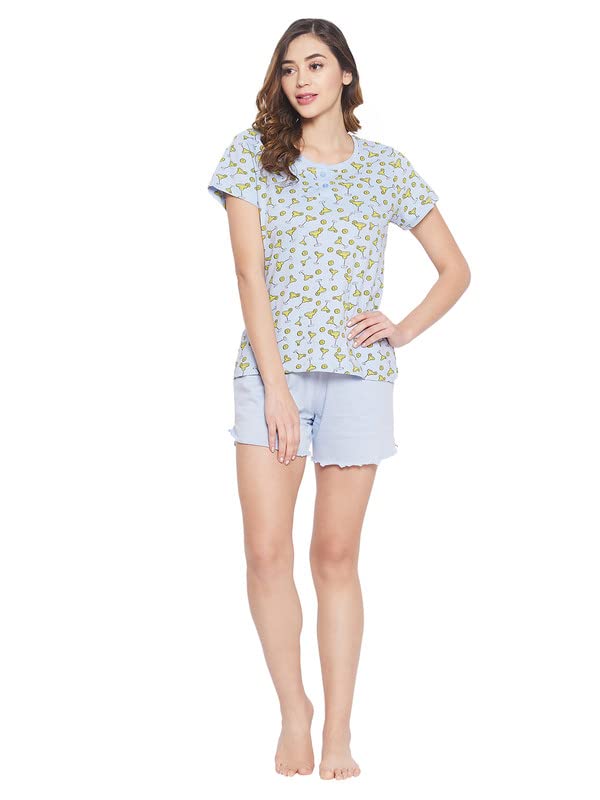 Clovia Womens Cotton Margarita Print Top & Solid Short Set (Ls0583R03_Blue_L)