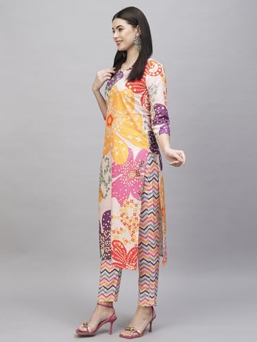 ANNI DESIGNER Womens Cotton Blend Straight Printed Kurta with Pant (Wahida White_M_White_Medium)