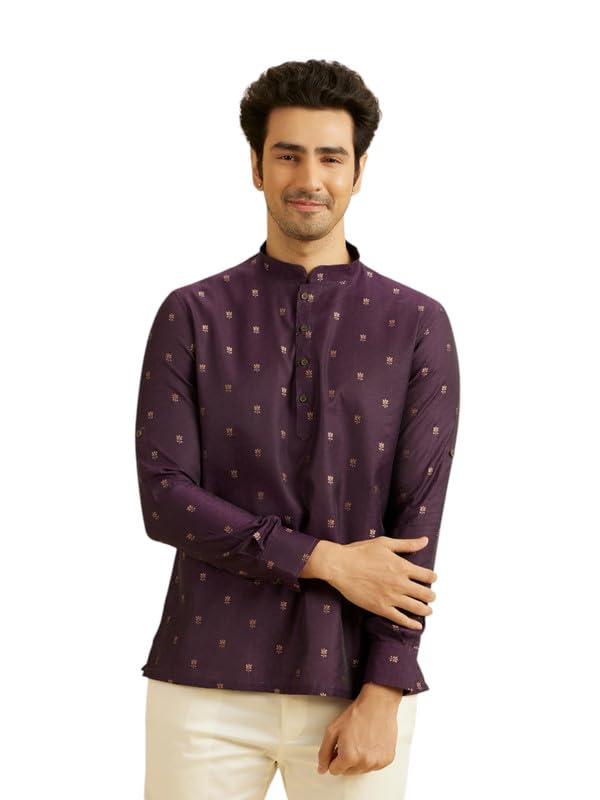 Manyavar MenS Art Silk Jacquard| Thread Work Short Kurta (Purple,Xxl)