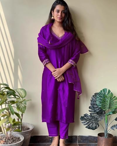ANNI DESIGNER Womens Cotton Blend Straight Embroidered Kurta with Pant & Dupatta (BAGICHA Begani_XXL_Begani_XX-Large)