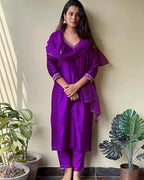 ANNI DESIGNER Womens Cotton Blend Straight Embroidered Kurta with Pant & Dupatta (BAGICHA Begani_XXL_Begani_XX-Large)