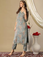 ANNI DESIGNER Womens Cotton Blend Straight Printed Kurta with Pant (Feni Grey-NW_XXL_Grey_XX-Large)