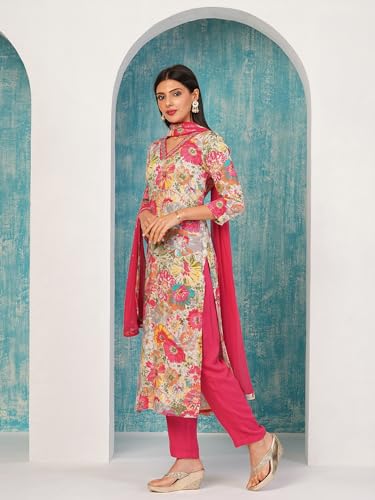 ANNI DESIGNER Womens Cotton Blend Printed Straight Kurta with Pant & Dupatta (Ruth Pink-NW_L_Pink_Large)