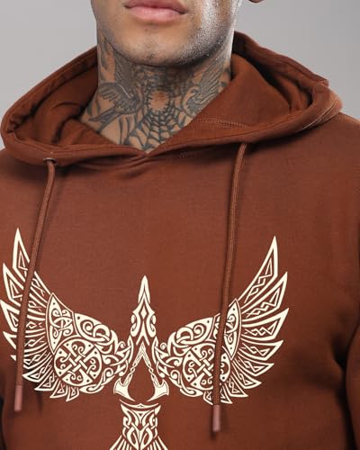ADRO Men's Cotton Neck Hooded Sweatshirt (H24-BIRD-BR-S_Brown)