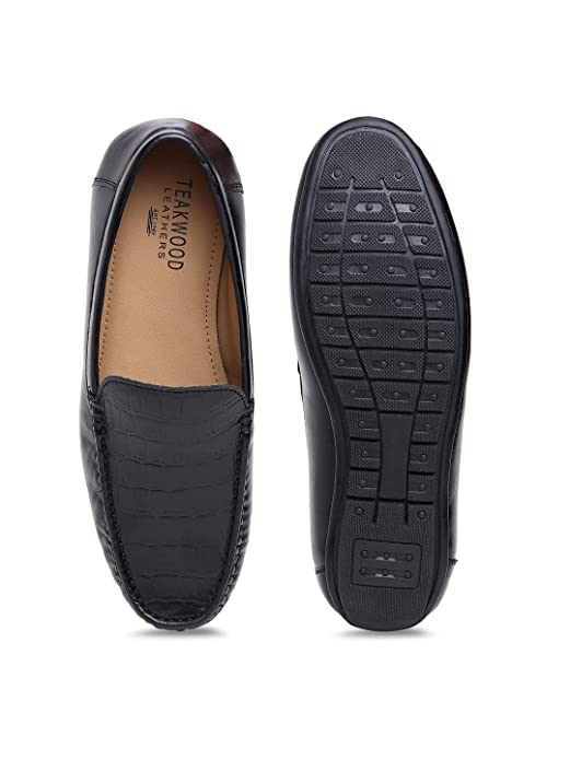 Teakwood Men Texture Genuine Leather Black Loafers_Size 41 7