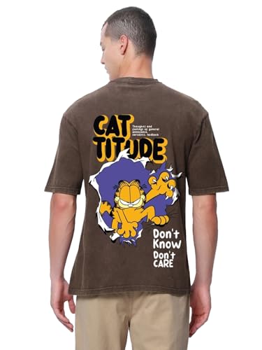 Bewakoof Official Garfield Merchandise MenS Graphic Print Oversized Fit Half Sleeve Round Neck Cotton T-Shirt_609639_Brown_S