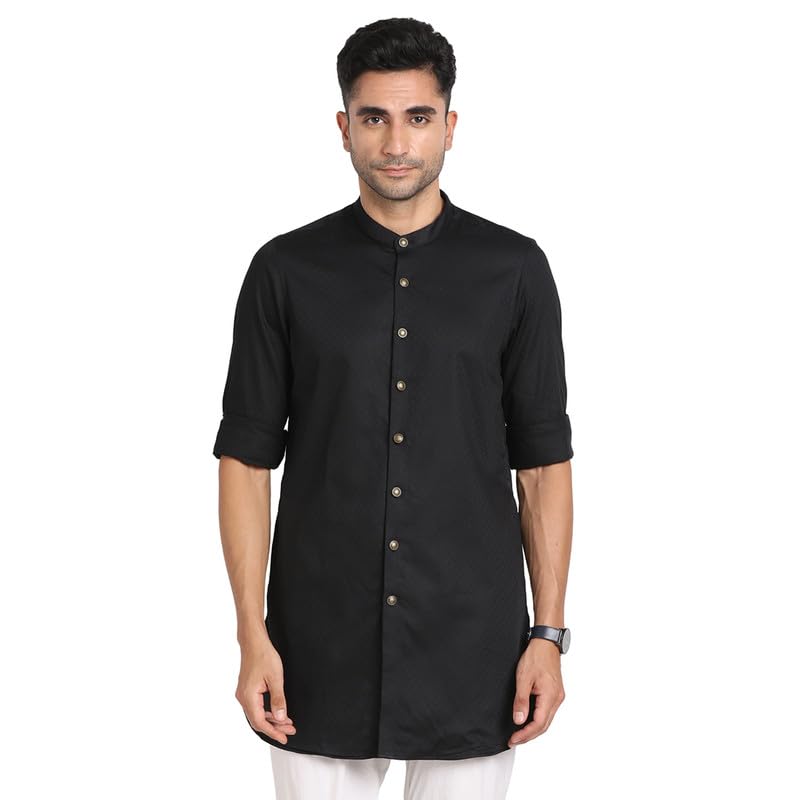 Turtle Men 100% Cotton Black Jacqard Print Slim Fit Ceremonial Kurta