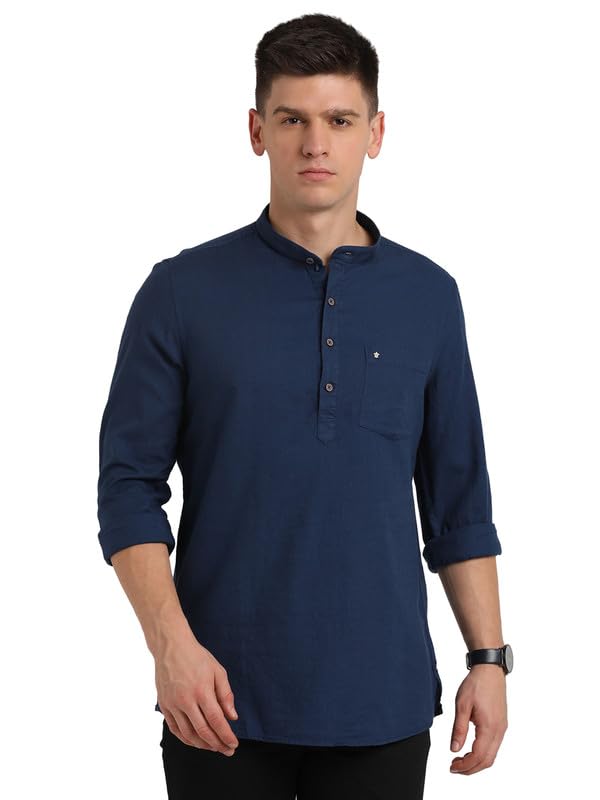 Turtle Men 100% Cotton Solid Full Sleeve Casual Indigo Blue Kurta Shirt