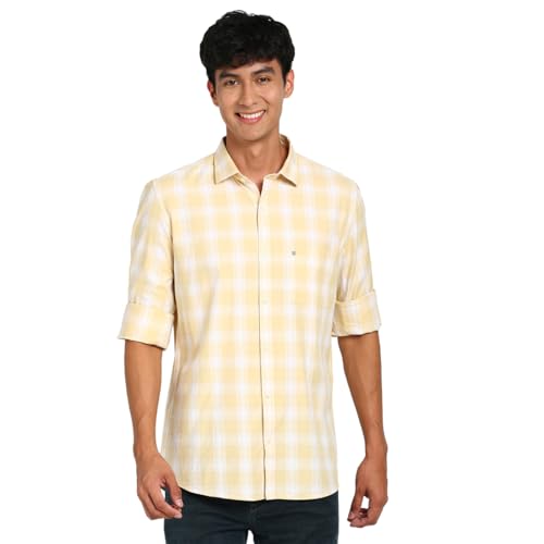 Turtle Men 100% Cotton Slim Fit Beige Checkered Casual Shirt
