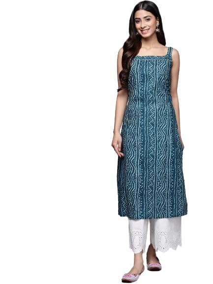 Teal Straight Kurta With Square Neck And Strap Details With Gota Embellishment At The Neck And Side Slits.