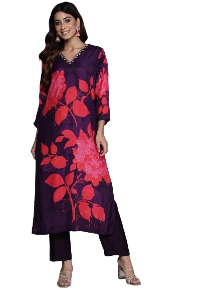 Varanga Women Floral Printed V-Neck Beads & Stone Embroidered Kurta Set