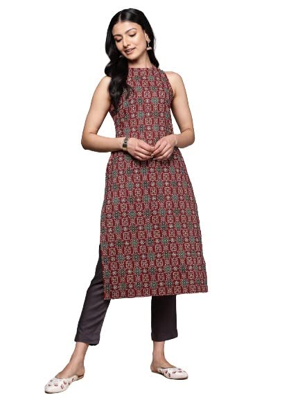 Anubhutee Women'S Pure Cotton Maroon Ethnic Motifs Printed Straight Kurta