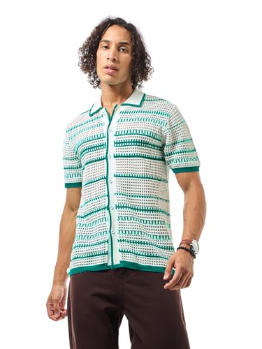 Bewakoof Mens Striped Regular Fit Half Sleeve Collared Neck 100% Cotton Shirt_633509_White_M