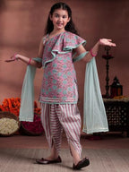 Libas Kids Womens Printed Cotton Straight Kurta With Dhoti Pant And Dupatta