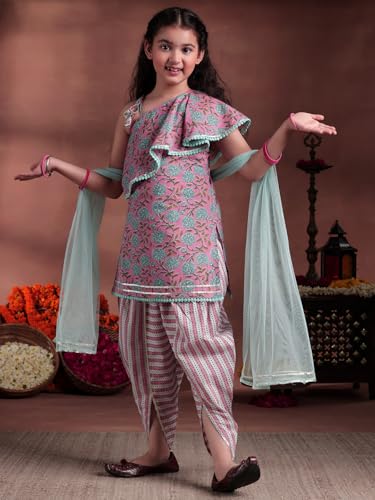 Libas Kids Womens Printed Cotton Straight Kurta With Dhoti Pant And Dupatta