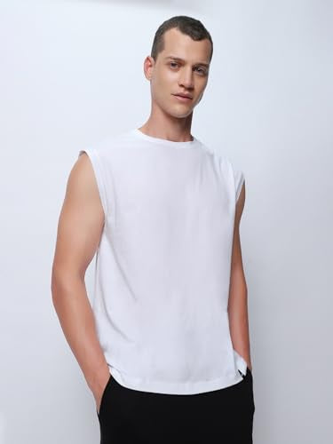 Bewakoof MenS Solid Oversized Fit Sleeveless Round Neck Cotton Vest_500148_White_L