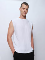 Bewakoof MenS Solid Oversized Fit Sleeveless Round Neck Cotton Vest_500148_White_L