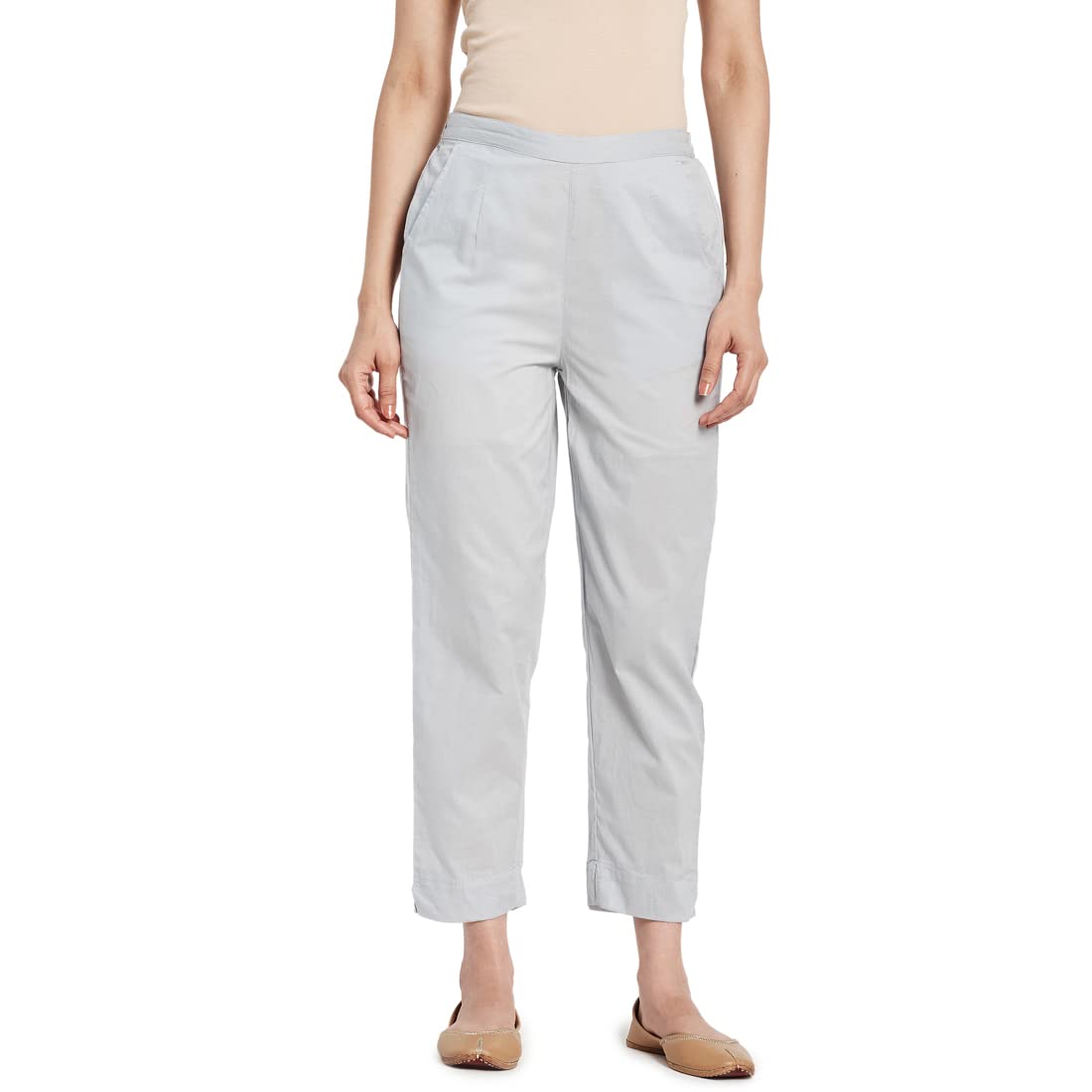 Fabindia Women Cambric Tapered Straight Style Pant Cotton_28 Grey