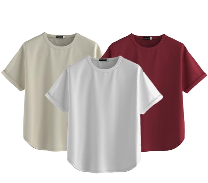 Juneberry Pure 100% Cotton Oversized Loose Baggy Fit Round Neck With Drop Shoulder White & Maroon & Swanwhite Half Sleeves Boyfr