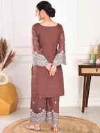Shienzy WomenS Embroidered Chanderi Kurta Pant Set With Net Dupatta | V Neck, 3/4 Sleeve Ethnic Set | Outfit For Festive & Offi