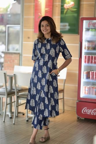 ANNI DESIGNER Womens Rayon Viscose A-Line Printed Kurta with Pant (KOPEK Blue_L_Blue_Large)