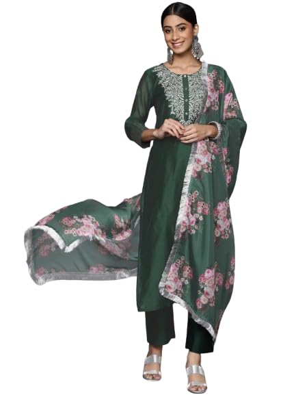 Varanga Green Embroidered Kurta With Tonal Trouser And Printed Dupattta