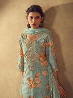 Varanga Women Sea Green Floral Printed Zari Embroidered Kurta With Bottom And Dupatta