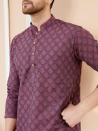 See Designs Men Long Sleeve Side Slit Mandarin Collar Purple Ethnic Motifs Silk Jacquard Woven Design Straight Kurta - Bnrskt715