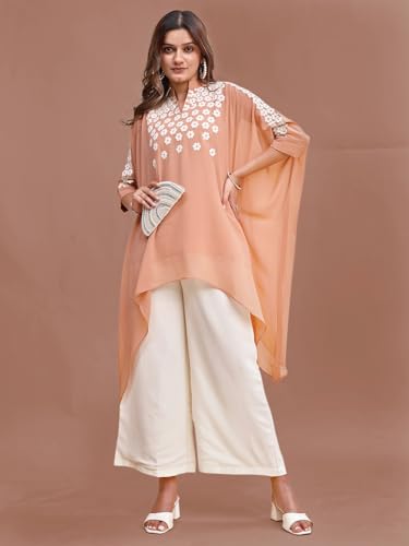 Womanista Womens Poly Georgette Solid Relaxed Tunic Shirt (Co-ords_9256_Peach