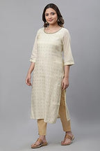 Aurelia Women'S Off White Geometric Embroidered Cotton Blend Straight Kurta