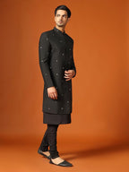 Kisah MenS Kurta Indo-Western Sherwani Churidar Set, Black Cotton Blend, Embroidered Regular Fit Mandarin Collar Long Sleeves (