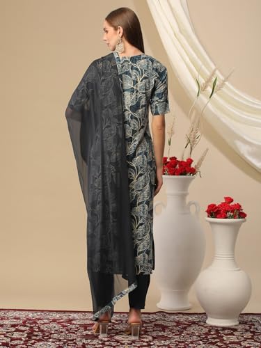 ANNI DESIGNER Womens Cotton Blend Printed Straight Kurta with Pant & Dupatta (Minika Blue_XXL_Blue_XX-Large)