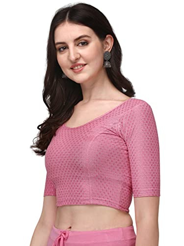 Shiv Textiles Round Neck Dobby Cotton Lycra Stretchable Elbow Sleeve Readymade Saree Blouse For Women Stylish (Pinkover Size)