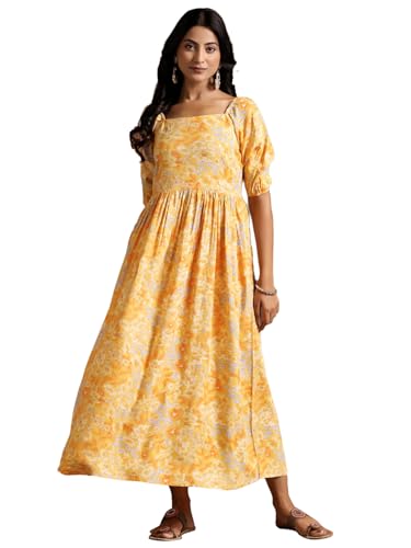 Libas WomenS Rayon Fit And Flare Maxi Dress (29079_Yellow