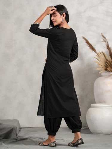 Anubhutee Women'S Black Pleated Thread Work Pure Cotton Straight Kurta