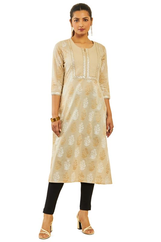 Soch Women Cotton Floral Foil Print Kurta with Gota Patti Details