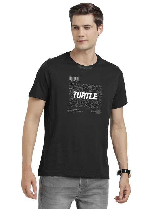 Turtle Men Knitted Black Half Sleeve Casual Printed Crew Neck Tshirt