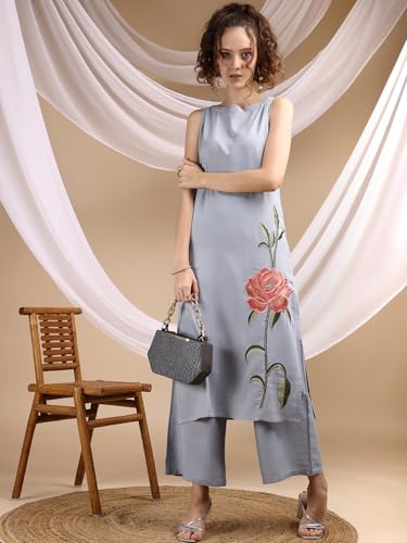 Womanista WomenS Viscose Rayon Solid Regular Set (Co-Ords_9161_Pale Blue