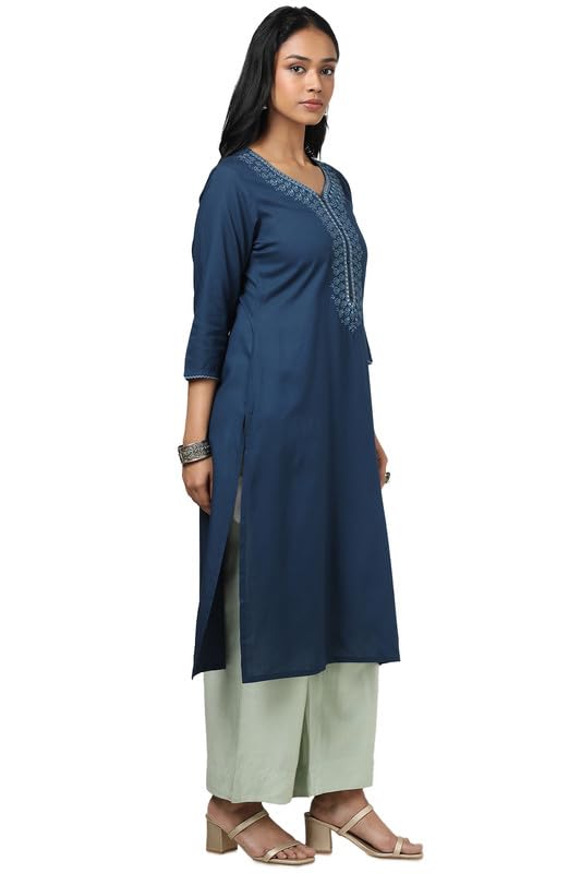 Soch Womens Blue Rayon Embroidered Kurta With Faux Mirror